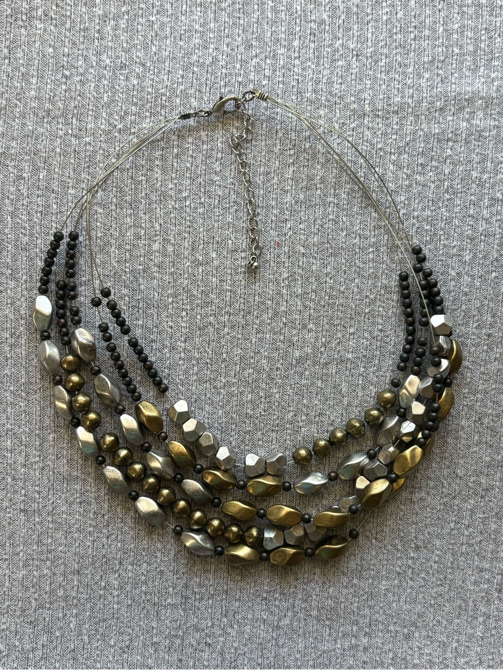 Vintage multistranded gold tone, silver tone & black beaded adjustable necklace